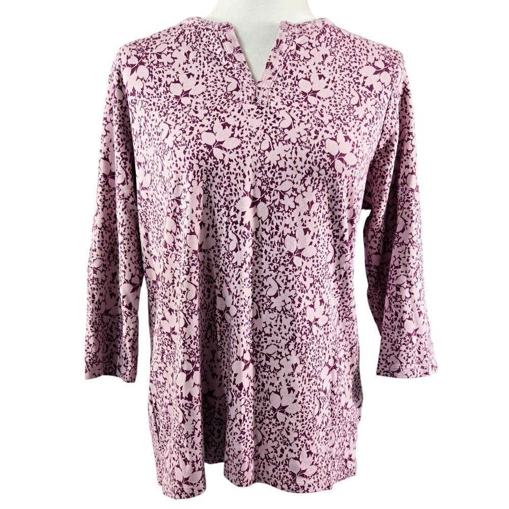 L.L. Bean 100% Cotton Pink Purple Floral Split Neck Top Comfy Romantic